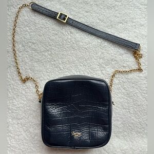 French Designer Louvreuse Navy Leather Croc-Embossed Crossbody Bag Gold Chain